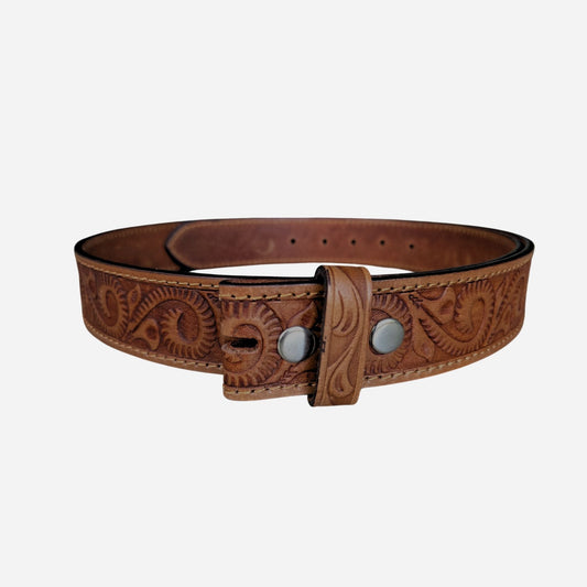38mm tan leather belt with tribal embossed pattern and press studs - BeltUp Leather Co.