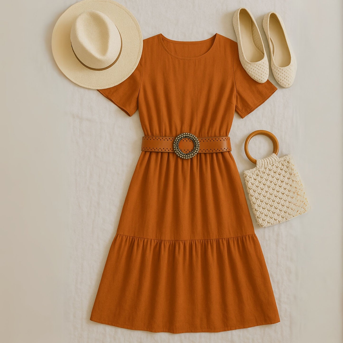 flatlay of wide tan belt on an orange outfit and accessories