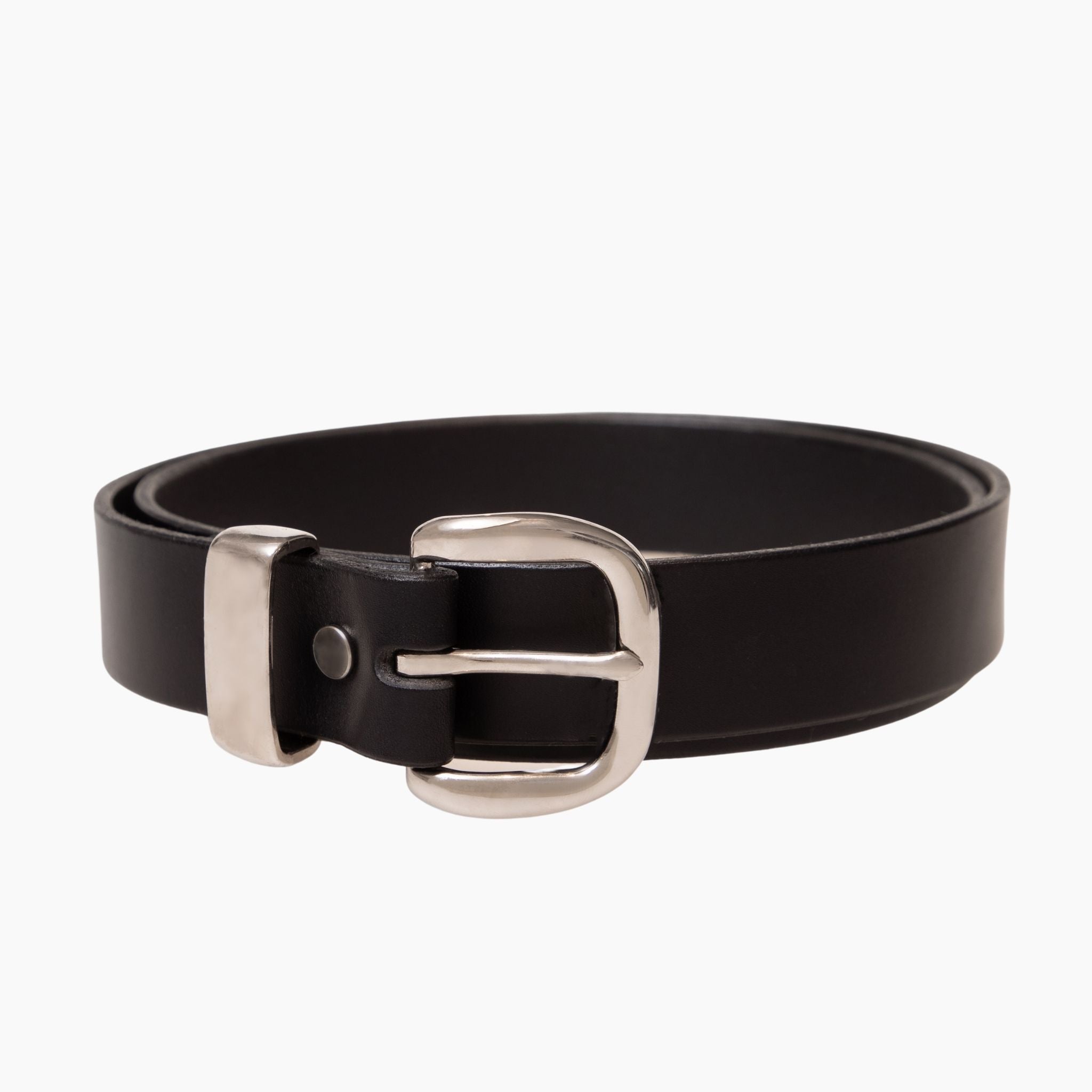 32mm Black Leather Belt with round silver buckle and metal keeper | BeltUp Leather Co.