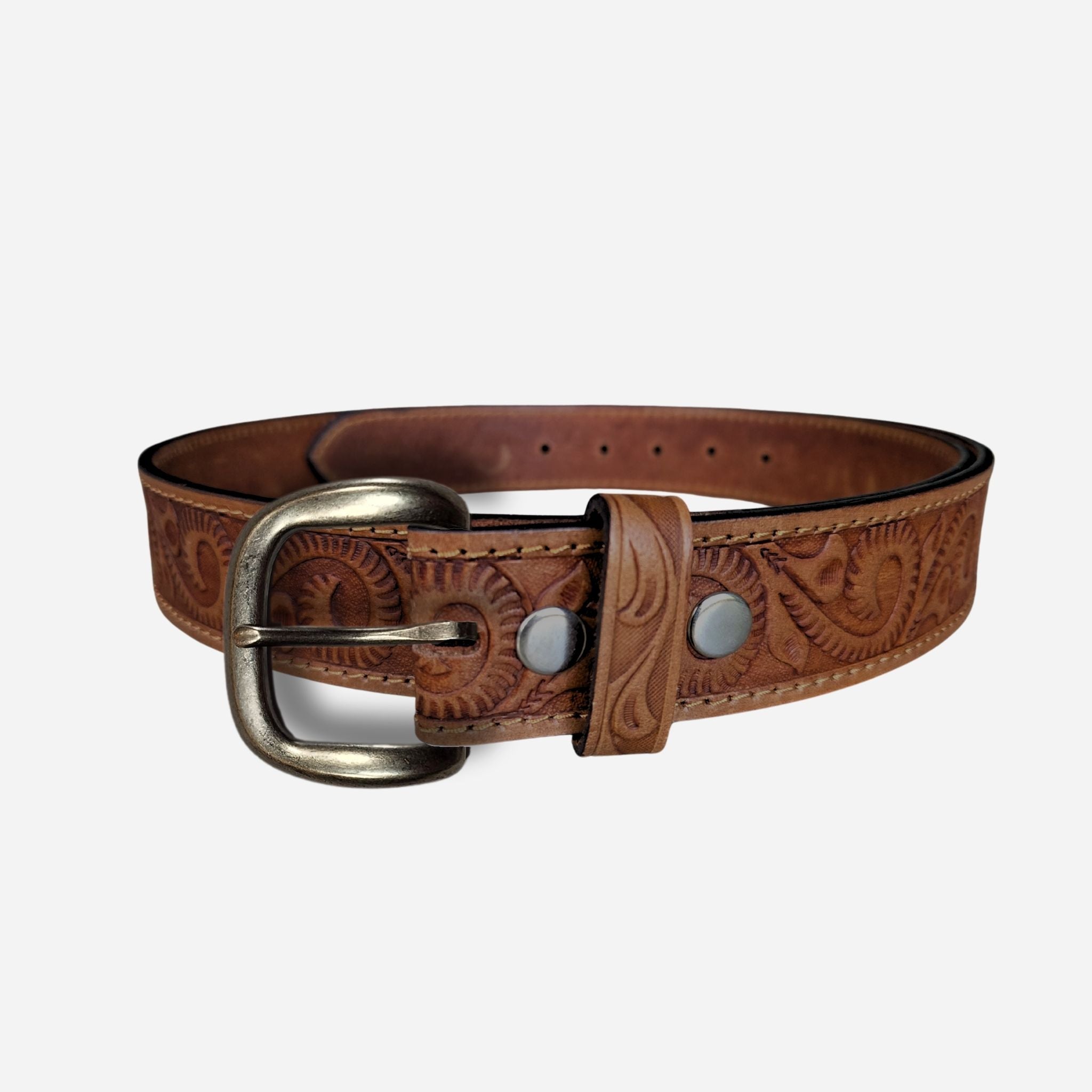 38mm tan leather belt with tribal embossed pattern with rounded buckle and metal keeper- BeltUp Leather Co.