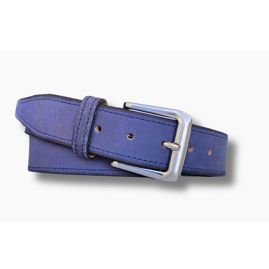 Blue Top Grain 100% Leather Belt with Silver Buckle- 38mm Width - BeltUpOnline
