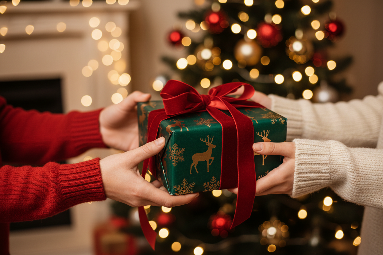 hands and christmas gift box being passed next to a christmas three