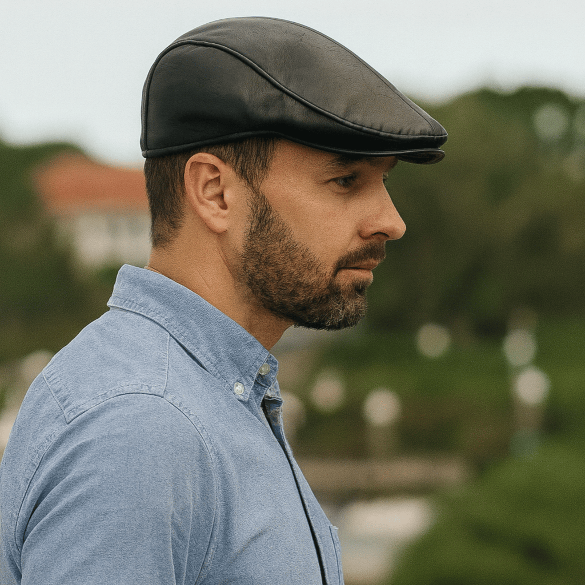 Man wearing a black Kangaroo leather drivers cap - Jacaru